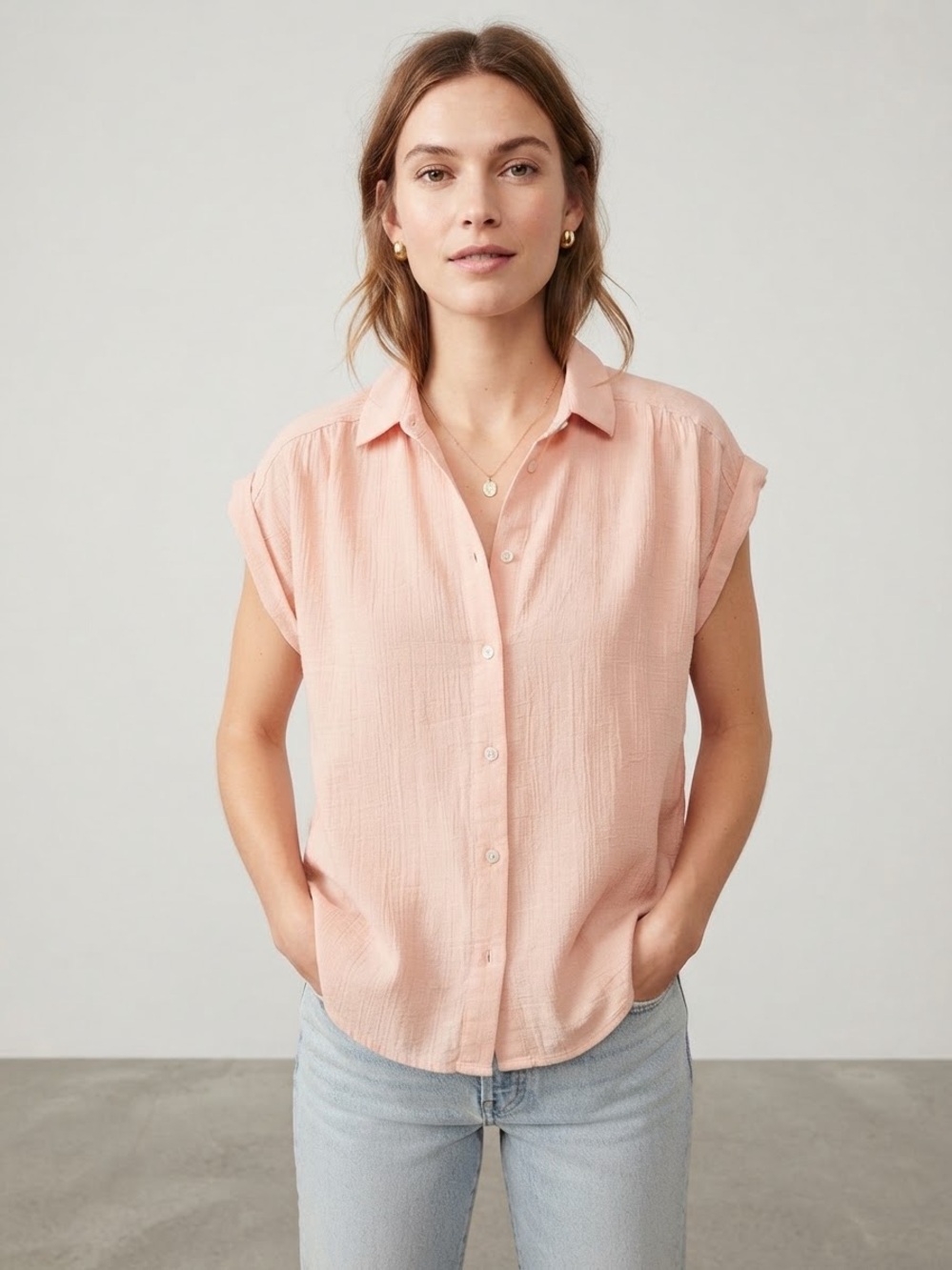 LOFT Peach Short-Sleeve Button Down Shirt